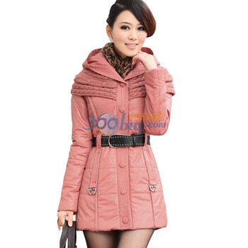 夕昕冬季女装 韩版针织拼接修身连帽加厚棉服 保暖棉衣1181 粉色 XXL