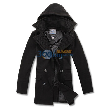 【OBM】秋冬新款男风衣可脱卸帽外套韩版修身男毛呢大衣11FW015 黑色 XL