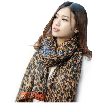 艾澜卡1325围巾2012新款欧美范儿款超长豹纹丝巾雪纺丝巾 深咖