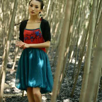 裂帛 2011新夏装真丝绣花吊带撞色连衣裙锦帛花放4643 红色 L