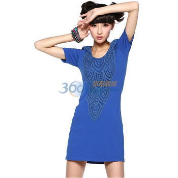 裂帛 2012 新款春装 前钩花短袖修身连衣裙21150038 蓝色 XXL