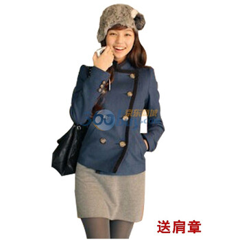 天空岛韩国女装秋冬新款军装风双排扣肩章立领羊毛呢短外套 C01J 深蓝色 XXL