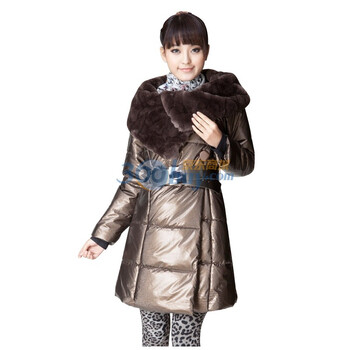 蝶恋 新款大毛领PU皮腰带OL超细格修身中长款羽绒服 2013 米色 XL
