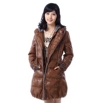 新款雅鹿 女 罗纹卷边连帽中长款羽绒服 ^@^LD25120 棕咖 XXL