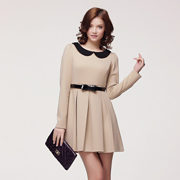 卓欧 TOAIOU 2012春季新款纯色娃娃领收腰长袖连衣裙F202011 粉色 XL