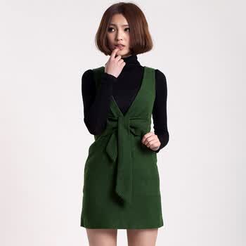 HZ2012新款春秋女装 深V领修身羊毛呢 蝴蝶结女款气质无袖连衣裙 绿色 XL