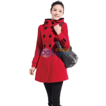玫斯妮秋冬装新款女韩版带帽双排扣修身呢大衣毛呢外套A37 红色 XXL