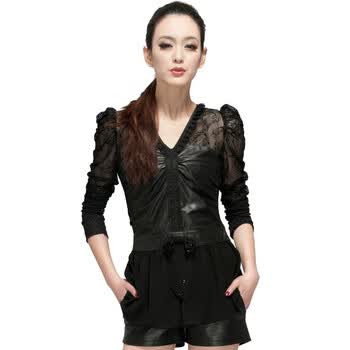 麦克顿春装新品2012真皮拼接蕾丝雪纺泡泡袖长袖打底衫内搭w1320 黑色 XXL