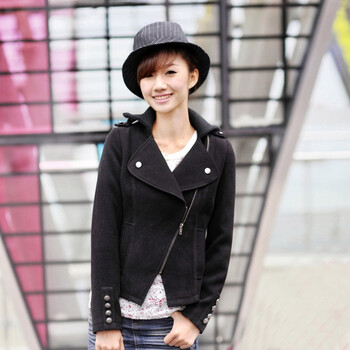 言若 新品韩版秋冬罗纹收口机车毛呢外套 女装 OC101901 黑色 L