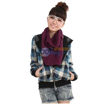 洛熙 RR 秋冬装女纯棉梭织长袖带帽格子外套1124022 蓝色 XL