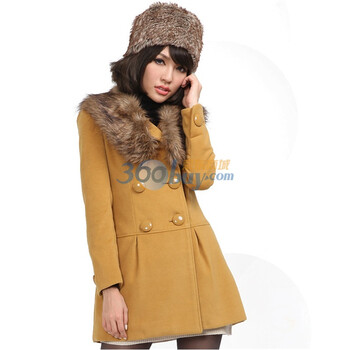 茵佳妮外套女装新品时尚系潮款修身显瘦毛领毛呢大衣5114-1420096 黄色 L