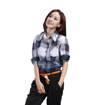 欧秀芭莎 chicbaza 渐变色英伦格子绣花长袖女式衬衫 W09003 黑/灰 M