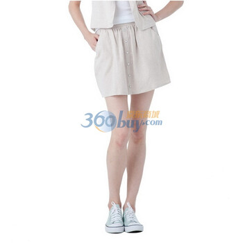 Lure 璐儿 纯色棉麻钮扣装饰 舒适松紧腰短裙及膝裙子LR110695 杏色 XL