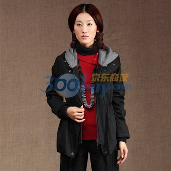 茵曼 INMAN 2011秋装新款收腰连帽全棉风衣外套 F510 黑色 XL