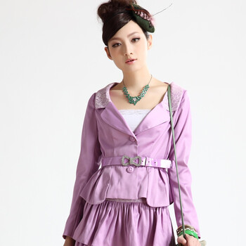 Nemow南梦2012新款春装淑女款修身蕾丝V领单排扣长袖短外套A1D006 浅紫 L