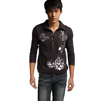 Chiconomics 西可 男款翻领印花长袖T恤 TM91AC302 棕色 M