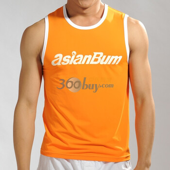Asianbum春夏新款 时尚印花 爽滑冰丝修身宽肩男士背心 健身运动背心 U5898A 橙色 XL
