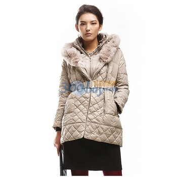 格致新品 高端兔毛领长款束腰带帽修身白鸭绒羽绒服女51470303106 灰白色 XL