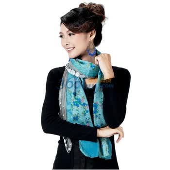 柏汇优品蕾丝棉麻双拼时尚休闲款围巾-美丽花园 蓝色