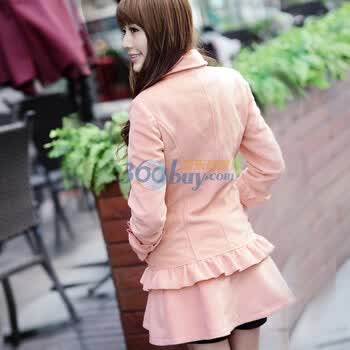 言若 2012新款春装韩版女装新款修身双排扣羊毛呢外套呢子大衣女 LC901104 粉红色 XL