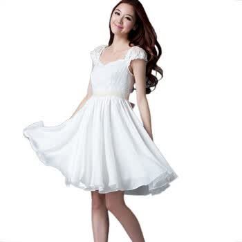 美丽故事 2012春装新款 韩版女装修身雪纺蕾丝连衣裙长裙062158 白色 XL