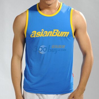 Asianbum春夏新款 时尚印花 爽滑冰丝修身宽肩男士背心 健身运动背心 U5898A 蓝色 XL