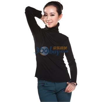 维妮 VINEY 春款时尚高领荷叶边修身性感舒适浪漫气质女人味打底衫长袖T恤73002 黑色 均码