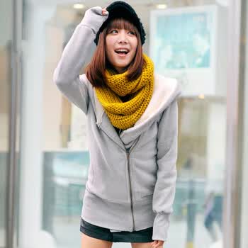 言若 2012新款春装韩版加绒连帽外套女装韩版卫衣 WO083206 浅灰色 L