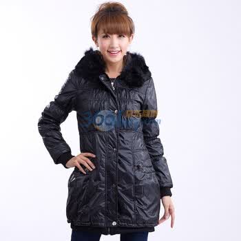 妮蕾迪 新款女装甜美兔毛领加厚长款棉衣棉服1081 黑色 XXL