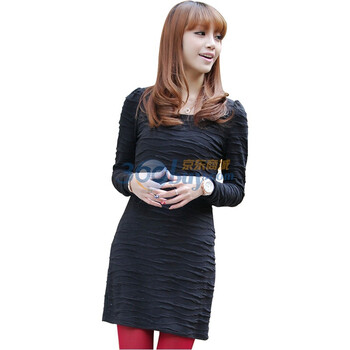 SHEWILL2011冬季新款韩版女装波浪条纹长款修身打底连衣裙CQ066 黑色 L