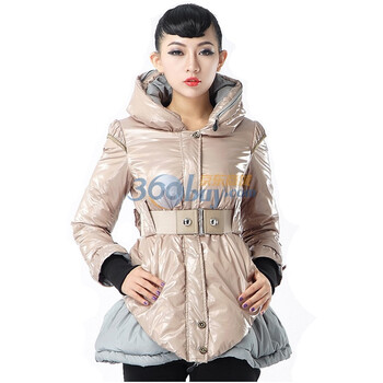 Bessie女款撞色拼接带帽加厚保暖修身羽绒服AE003 米色 L(170/88A)