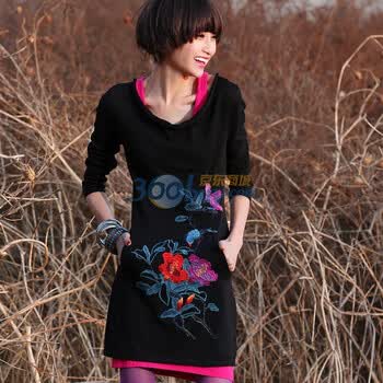 裂帛2012新款春装一字领绣花毛线连衣裙朝颜16160058 黑色 XL
