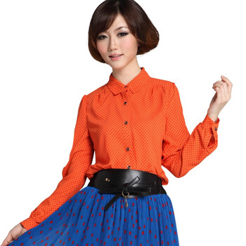 Mogomoda2012春夏新款欧美站修身长袖圆点女衬衫OL通勤休闲女衬衣1023 橙色 L