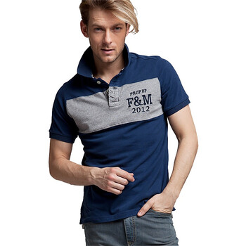 【FEEL MIND】男装翻领拼色运动风格短袖POLO恤 12-11507 深蓝色 XL
