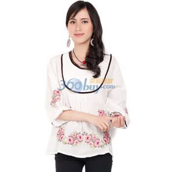 Tomnrabbit 民族风九分袖大码绣花衬衫 TM053 白色 L'