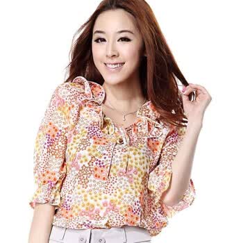 O.SA新春新款春装韩版女装荷叶边五分袖衬衫女SC23076 紫色 XXL