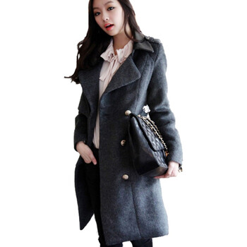 时尚起义 冬装韩国进口毛呢仿皮拼接收腰大衣 女563860 深灰色 M