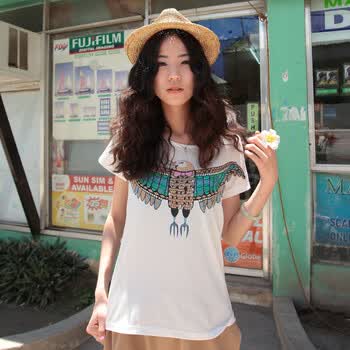 as安都女装欧美宽松老鹰印花圆领短袖T恤 9208205 米色 M
