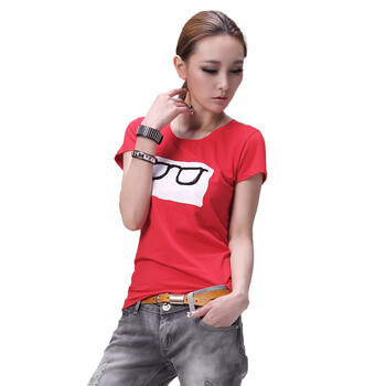 艾橙女装2012夏装新款可爱淑女眼镜印花圆领短袖女T恤TLX23138 红色 均码