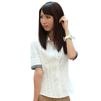 意而义 2012韩版翻领OL时尚短袖衬衫淑女格子插色泡泡袖女式衬衫901 白色 XL