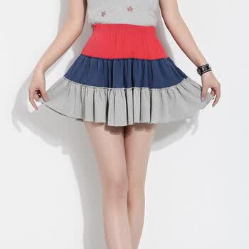 韩都衣舍 韩国2012夏装新款女多色彩面料拼接短裙EK2088 红色 M