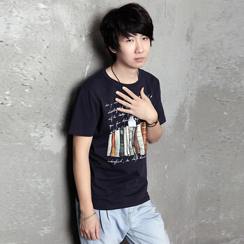 AMH 韩国2012夏装新款男装韩版修身纯色圆领短袖印花T恤NV2109 紫蓝色 XL