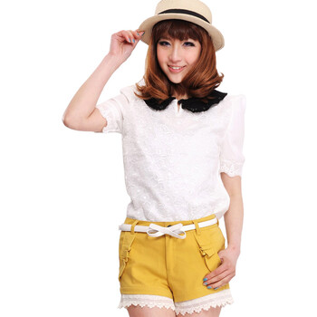 ranzukiy 短袖衬衫 2012夏装女装 丝光刺绣 拼色公主领 淑女衬衣 白色 L