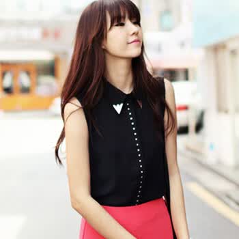 时尚起义 韩国金属领角无袖衬衫 女586215 黑色 one