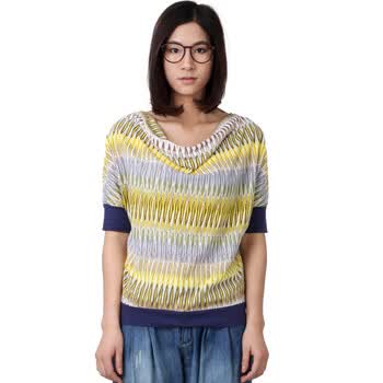 夏装2012新款 Gecom 杰衣谷 女款 清新彩条设计荡领收口纯棉T恤01030061 黄绿彩 XL