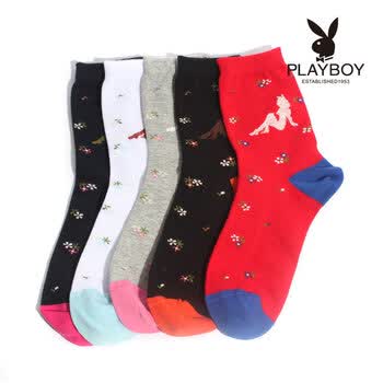 PLAYBOY 花花公子 时尚糖果色亲肤精梳纯棉提花中筒女袜不起球2189 黑色 均码