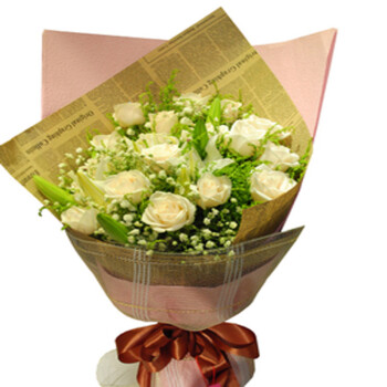 乐舞鲜花速递 18朵香槟玫瑰2枝白色百合花束 祝福鲜花