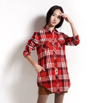 纯棉修身显瘦衬衣中长款长袖女款格子衬衫 d241001 红配格 xl