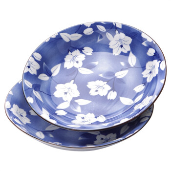山田烧陶瓷盘子 瓷汤盘(7英寸)釉下彩日式和风深饭盘(2只装) 蓝吉祥