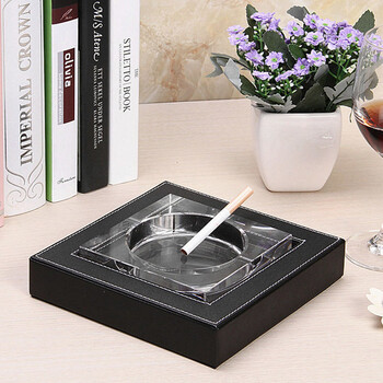 APS 时尚欧式烟灰缸 优质皮底座 水晶烟缸 家居装饰品 办公用品 礼品 黑色针纹 中号